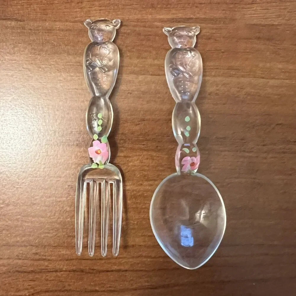 Vintage Athoware Fork & Spoon Acrylic Childs Utensil Set Pig Pink Painted *READ